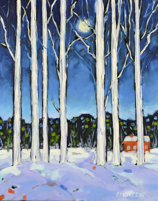 "Blame it on the Moon: Quiet Winter Woods" Oil Painting on Canvas, Winter Moon Painting on Canvas, Artist Christi Dreese