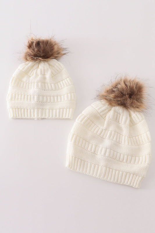 Ivory pompom cable beanie hat