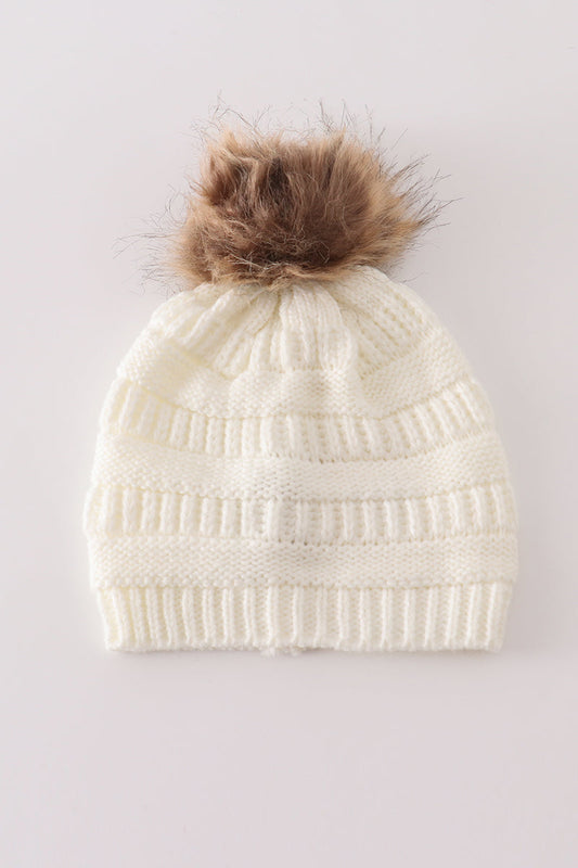 Ivory pompom cable beanie hat