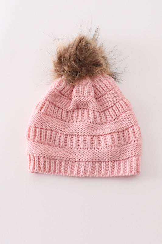 Pink pompom cable beanie hat