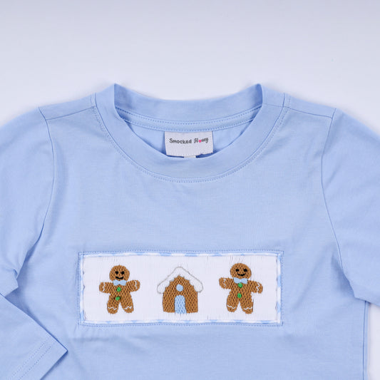 Blue gingerbread hand smocked gingham pants set