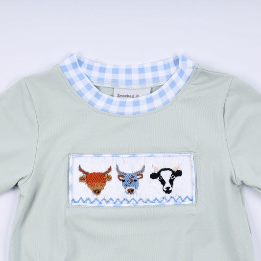 Sage cow hand smocked bubble