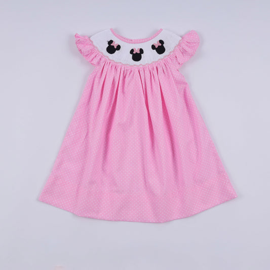 Pink character hand smocked dot ruffle dress