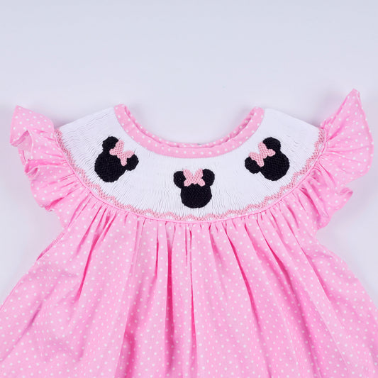 Pink character hand smocked dot ruffle bloomer set