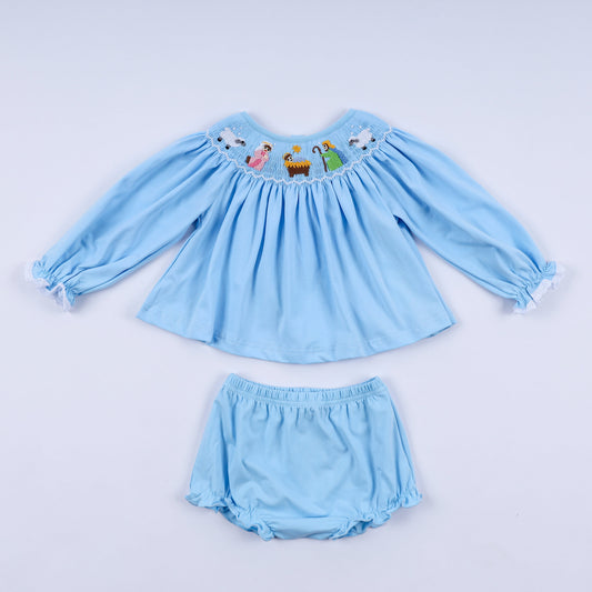 Blue nativity hand smocked bloomer set