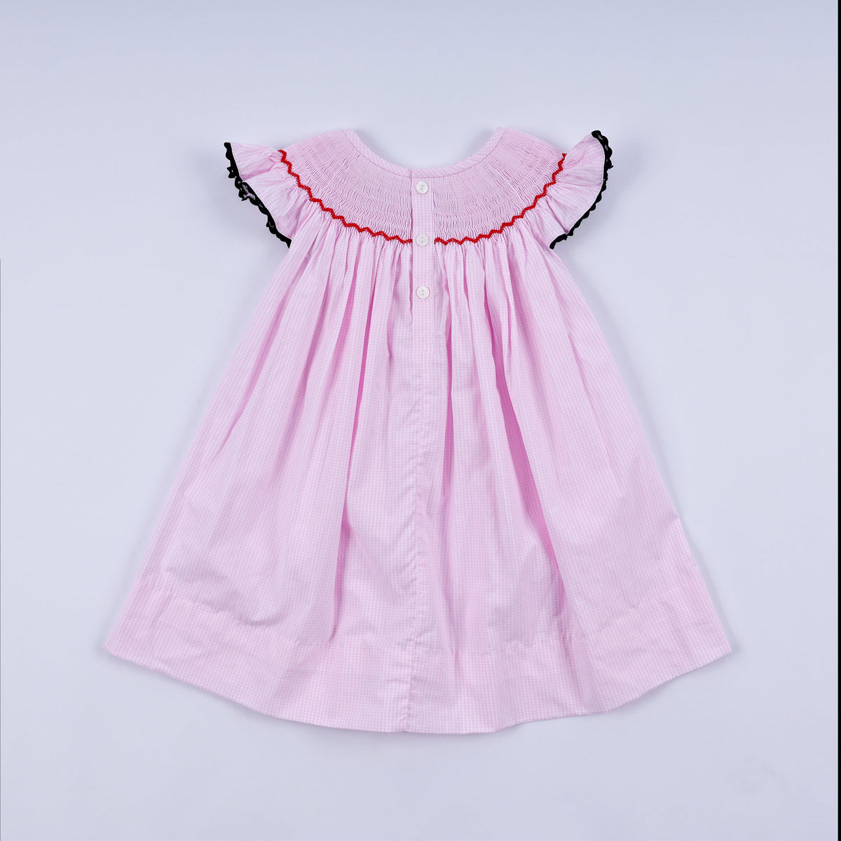 Red character hand smocked plaid ruffle dress