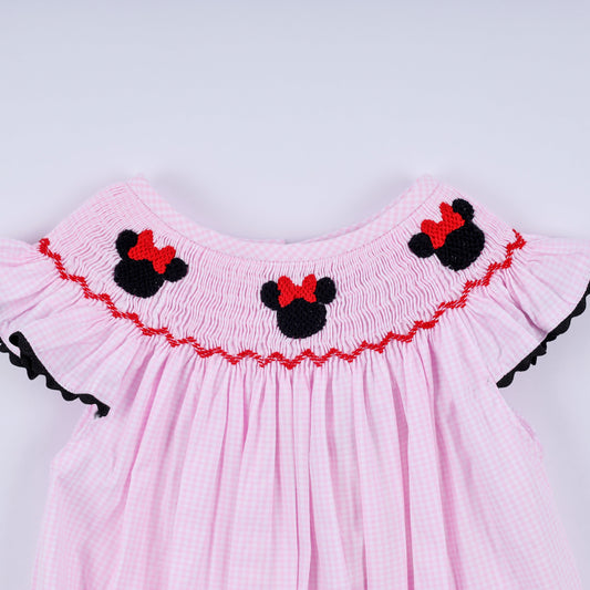 Red character hand smocked plaid ruffle bubble