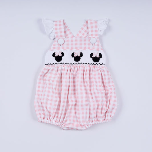 Pink character hand smocked gingham ruffle bubble