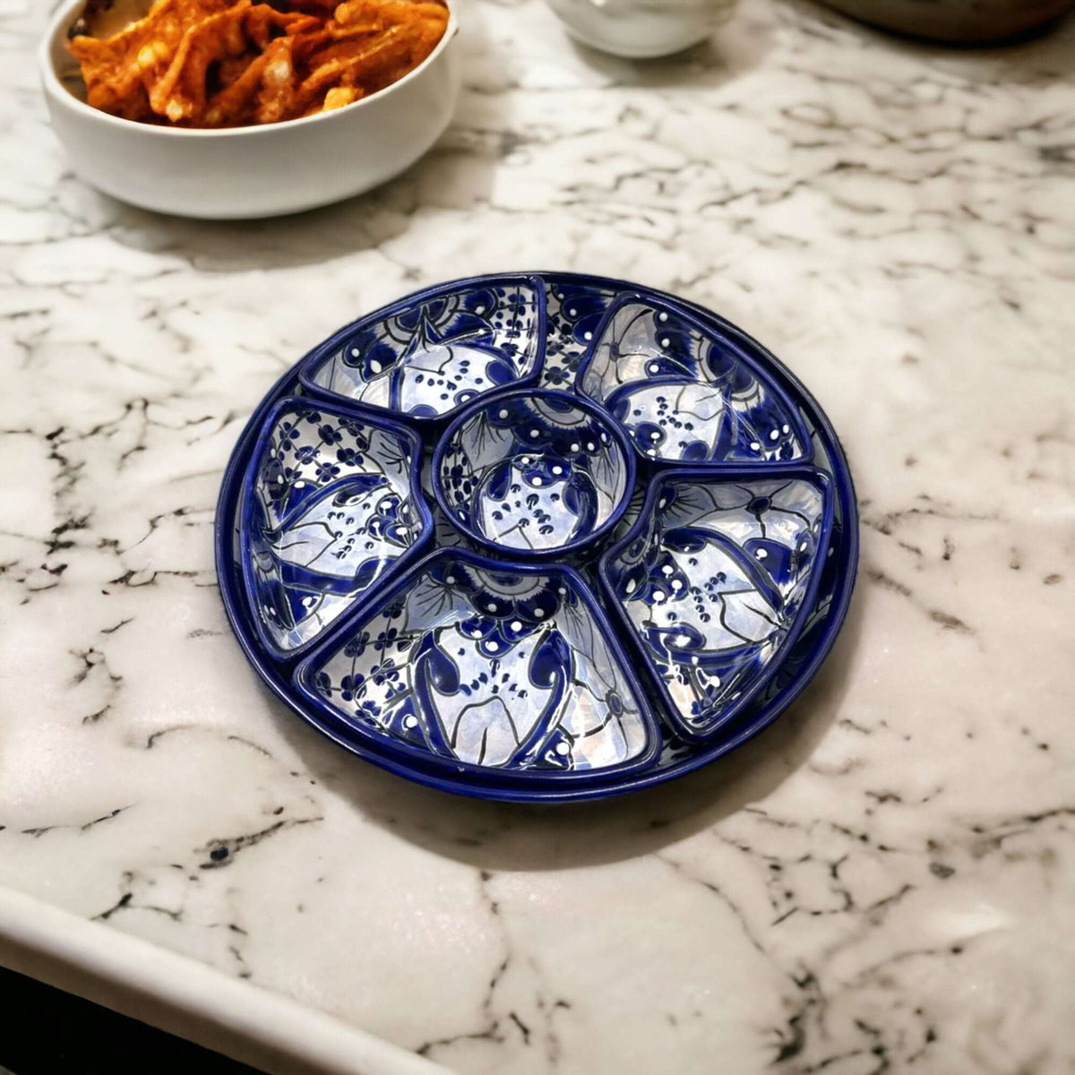 Handmade Talavera Appetizer Tray | Blue and White Sectional Platter