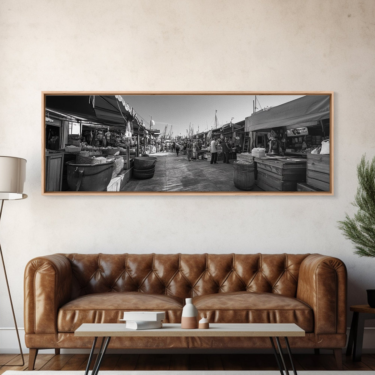 Mediterranean Market Scene, Travel Wall Decor, Rustic Street View, Framed Canvas Print, Kitchen Wall Art, Black and White Photography