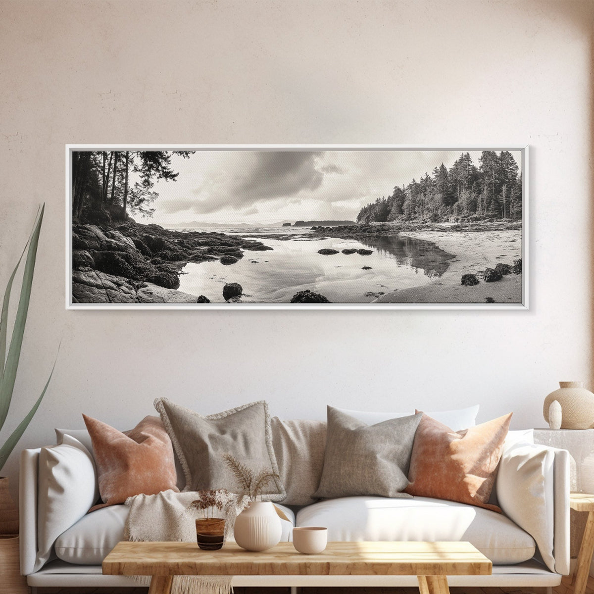 Tidal Pools, Coastal Calm, Forest Edge, Framed Canvas Print, Tranquil Bathroom Art, Pacific Northwest Decor, Nature Inspired Style