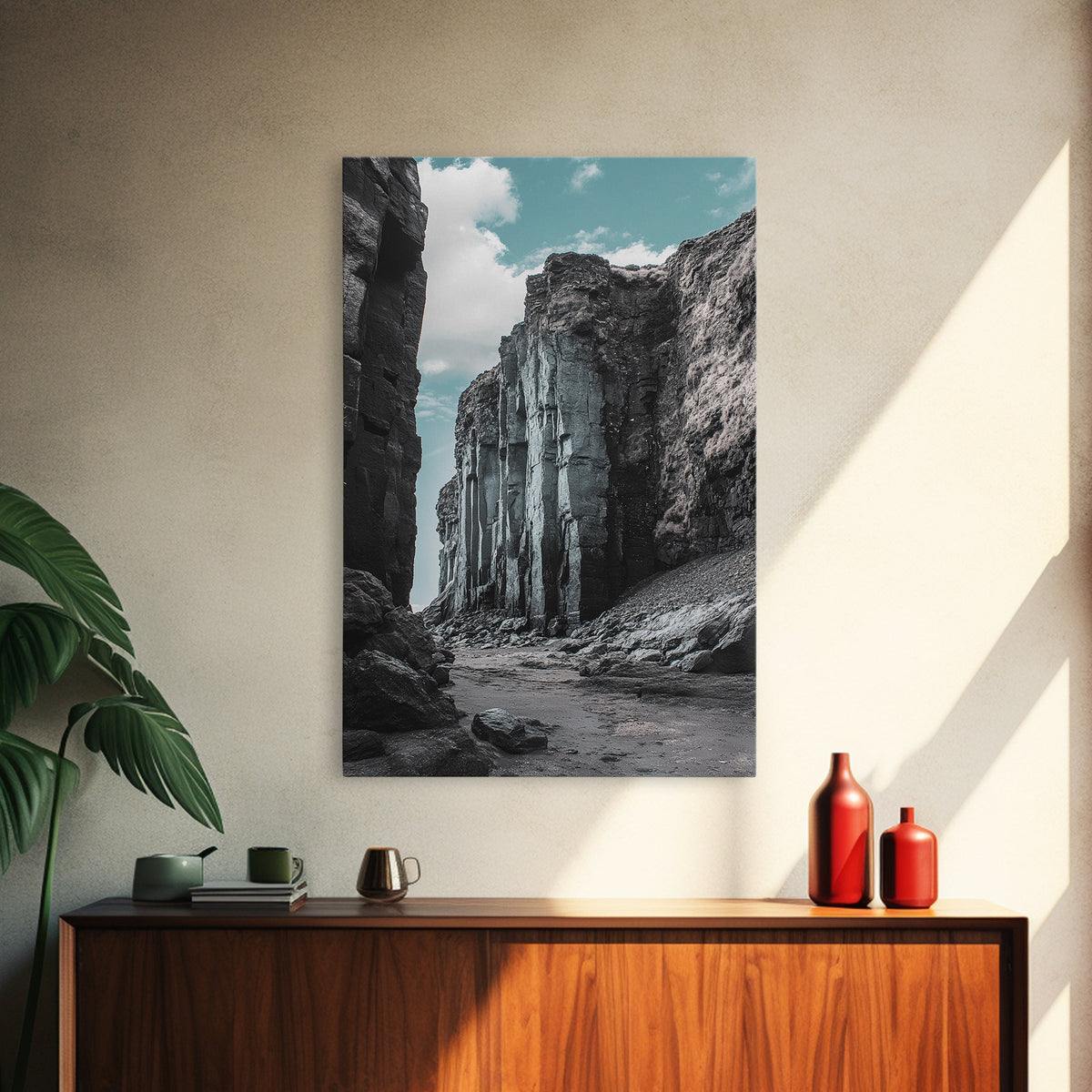 Canyon Rocks, Earth Tones, Cliff Path, Scenic Sky, Framed Canvas Print modern rustic art, desert wall decor, hallway landscape canvas
