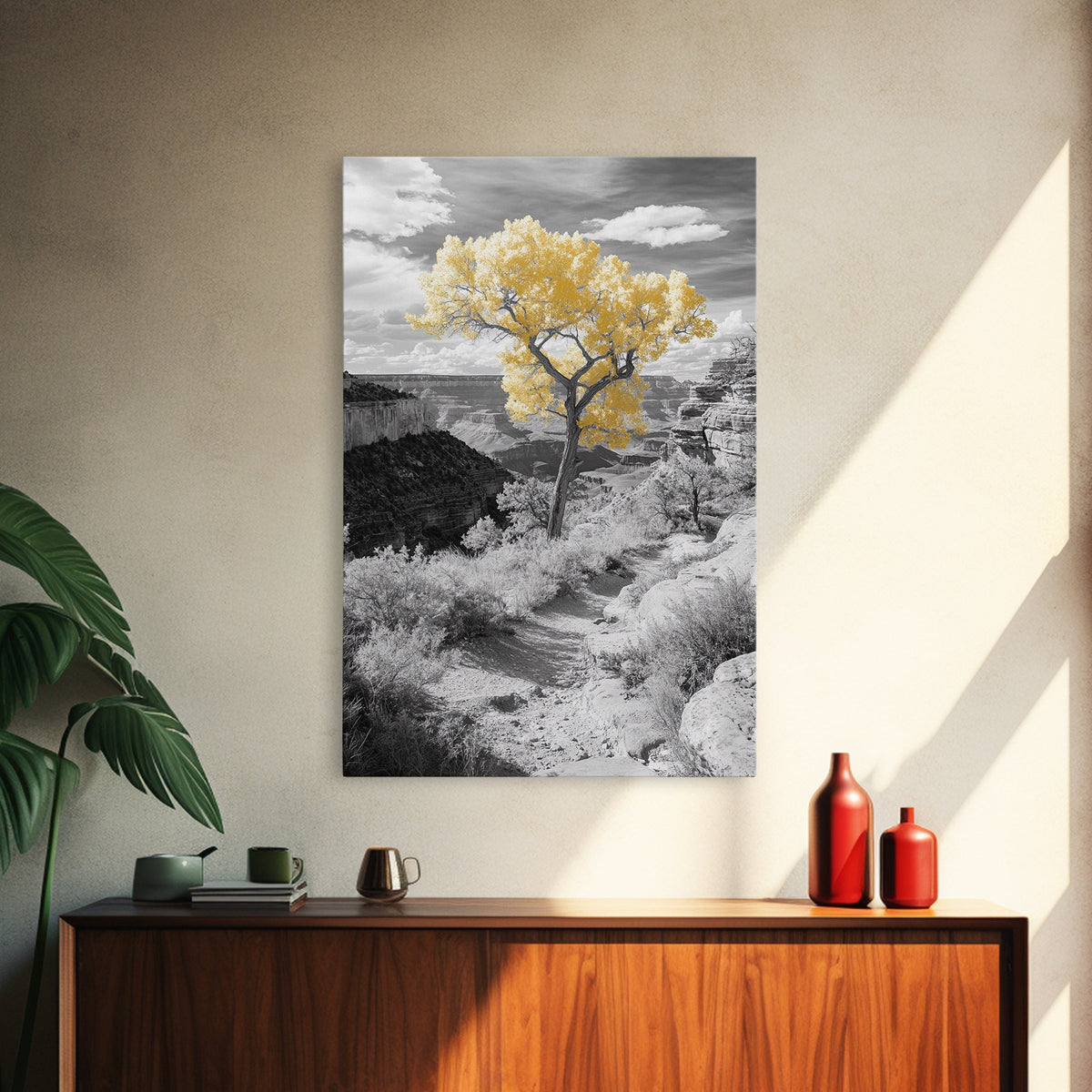 Autumn Canyon Trail, Yellow Tree, Nature Photography, Framed Canvas Print, Fall Wall Decor, Grand Canyon Print, Minimalist Landscape Art
