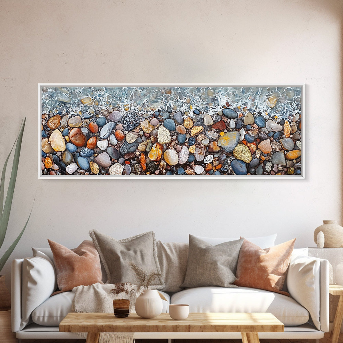 Coastal decor, ocean pebble art, beach rock painting, nautical wall art, seascape painting, long narrow wall art, canvas print