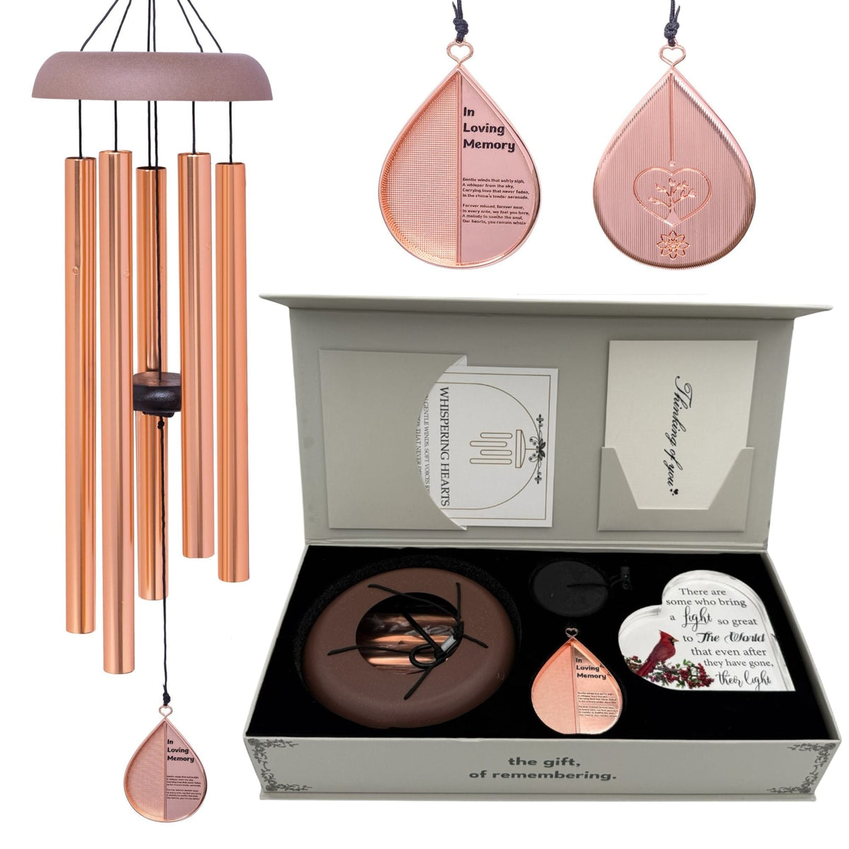 Gift Bundle - Memorial Wind Chimes – Whispering Hearts™ Collection – Rose Gold - Memorial Heart Included 28”