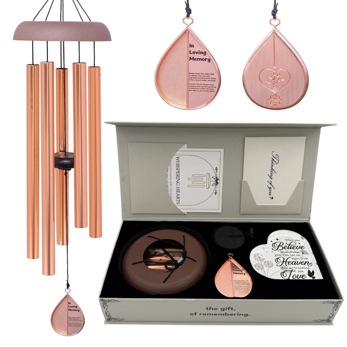 Gift Bundle - Memorial Wind Chimes – Whispering Hearts™ Collection – Rose Gold - Memorial Heart Included 28”