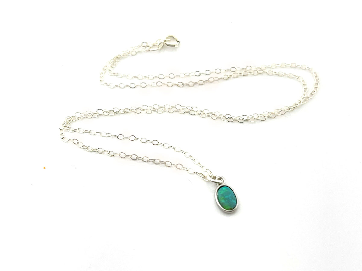 Tiny Opal Necklace – Dainty 16" Sterling Silver Chain with Oval Charm