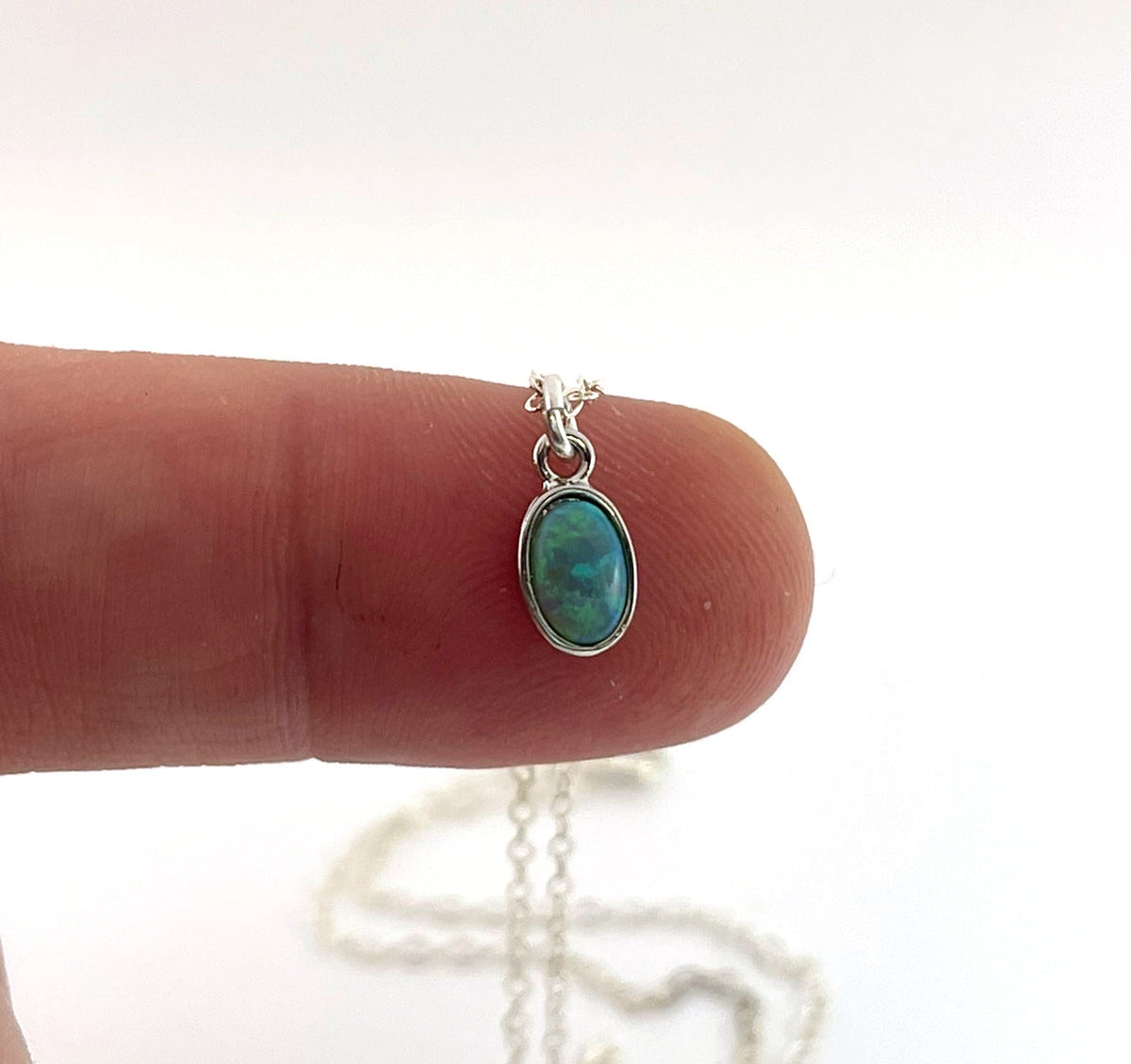 Tiny Opal Necklace – Dainty 16" Sterling Silver Chain with Oval Charm