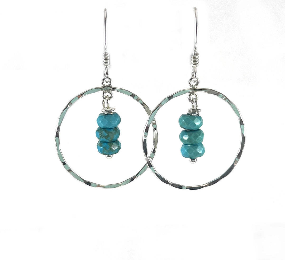 Hammered Sterling Silver Circle Earrings with Turquoise Trio – Handmade, 1” Dangle