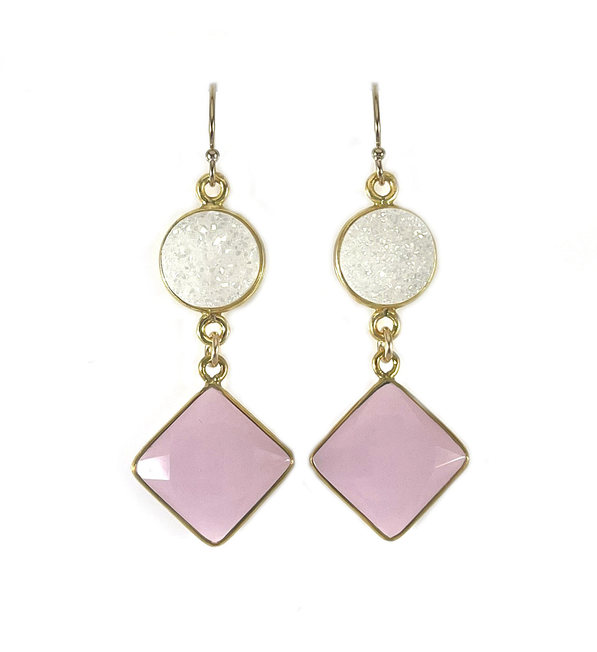 White Druzy & Rose Quartz Drop Earrings – 14k Gold Filled, 1.75” Gemstone Dangles