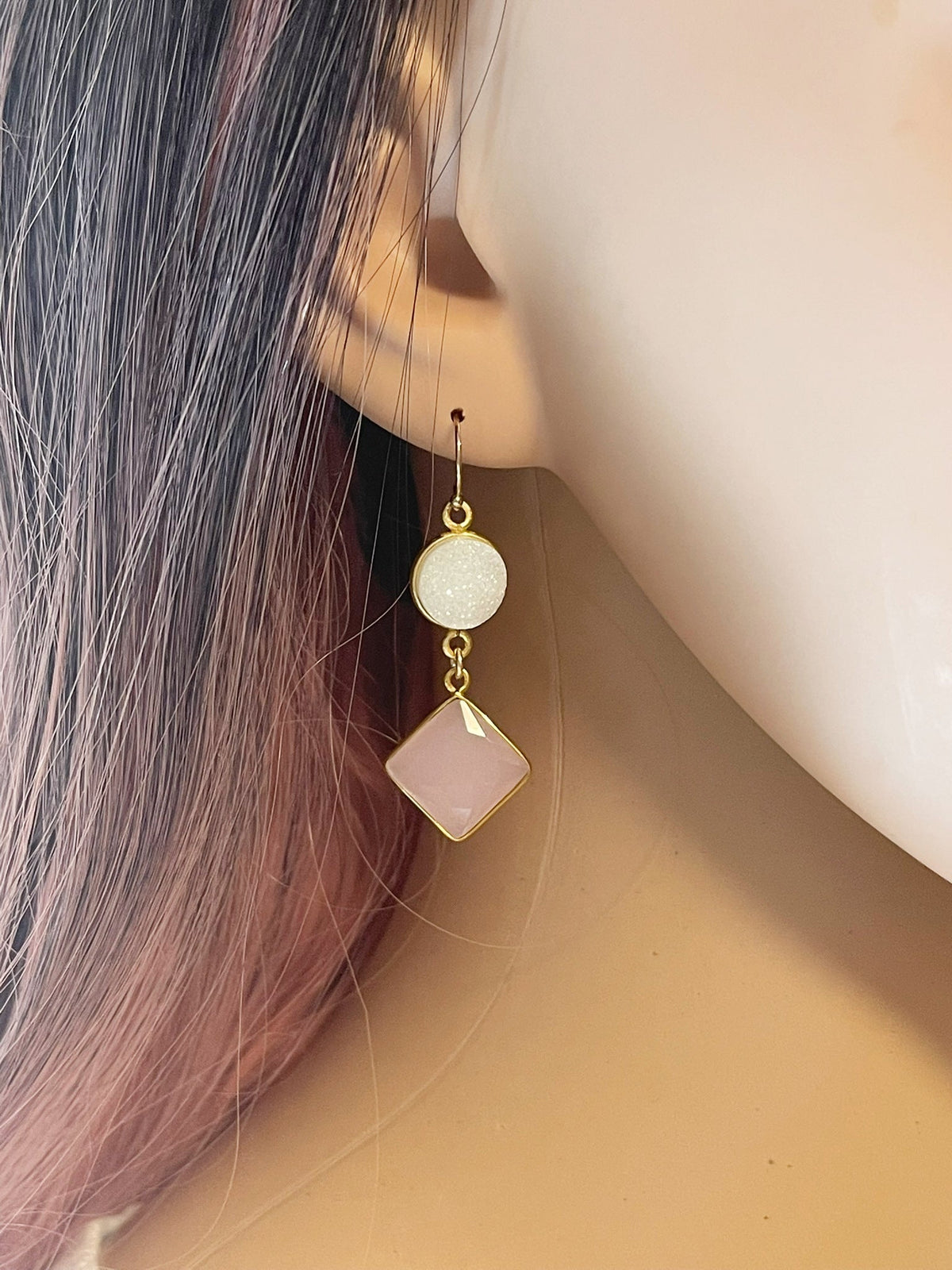 White Druzy & Rose Quartz Drop Earrings – 14k Gold Filled, 1.75” Gemstone Dangles