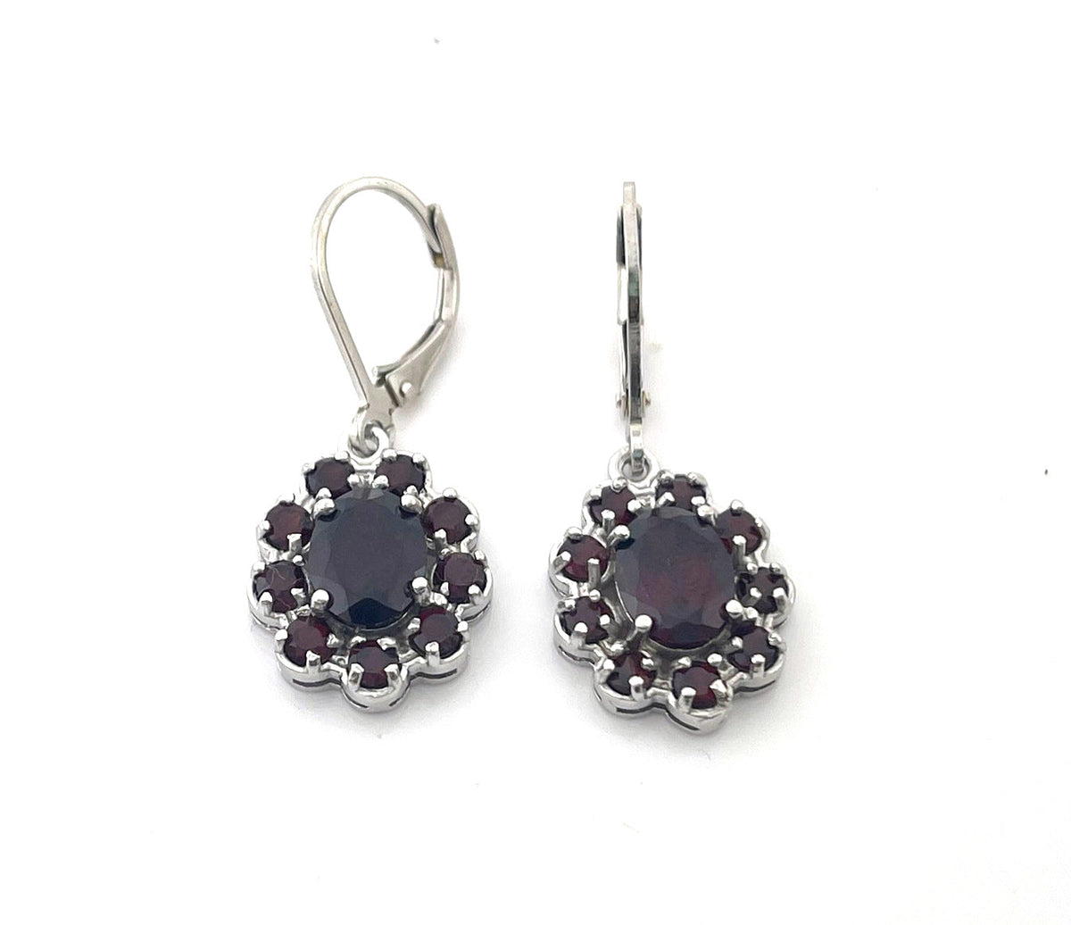 Garnet Cluster Sterling Silver Earrings – January Birthstone Leverback Dangles, Handmade in Raleigh