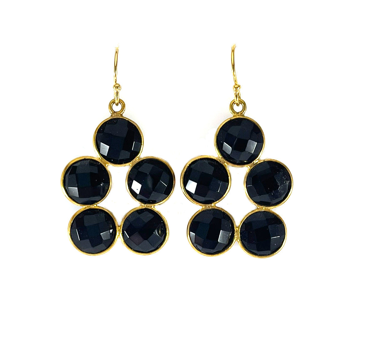 Black Onyx Cluster Drop Earrings – 14k Gold Filled Bezel Design – Handmade in Raleigh NC – 1.25" Gift-Boxed Jewelry