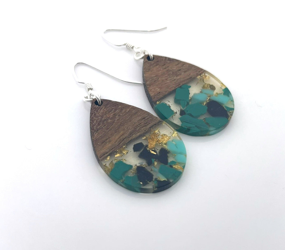Upcycled Wood & Resin Teardrop Earrings – Sterling Silver Hooks – Handmade in Raleigh