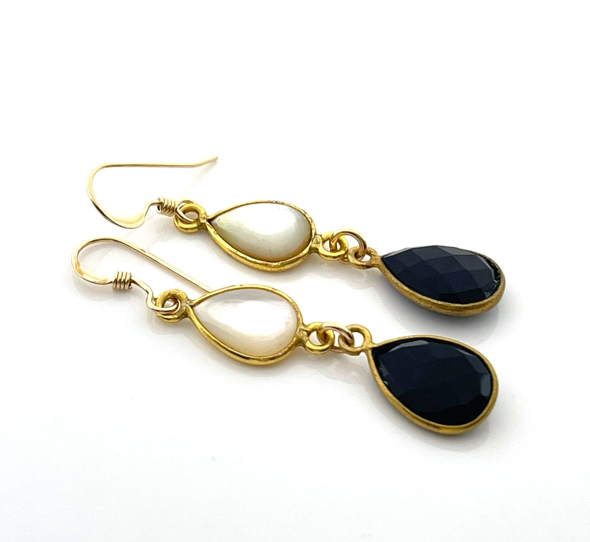 Black Spinel & Mother of Pearl Drop Earrings – 14K Gold Fill