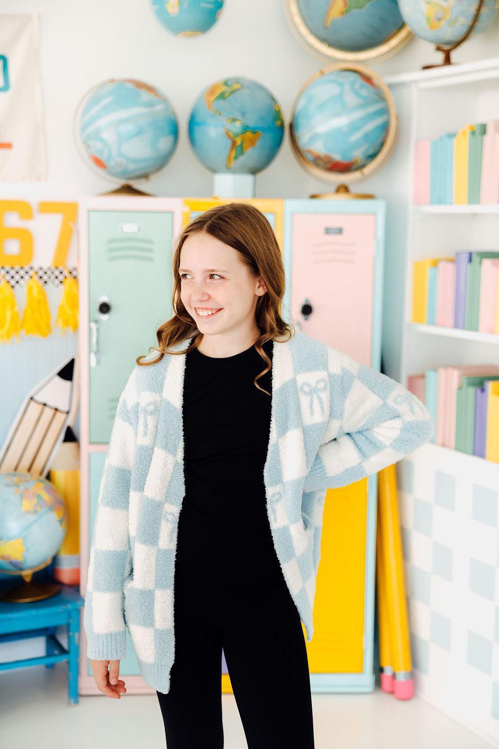 Light Blue Checker Bow Cozy Cardigan