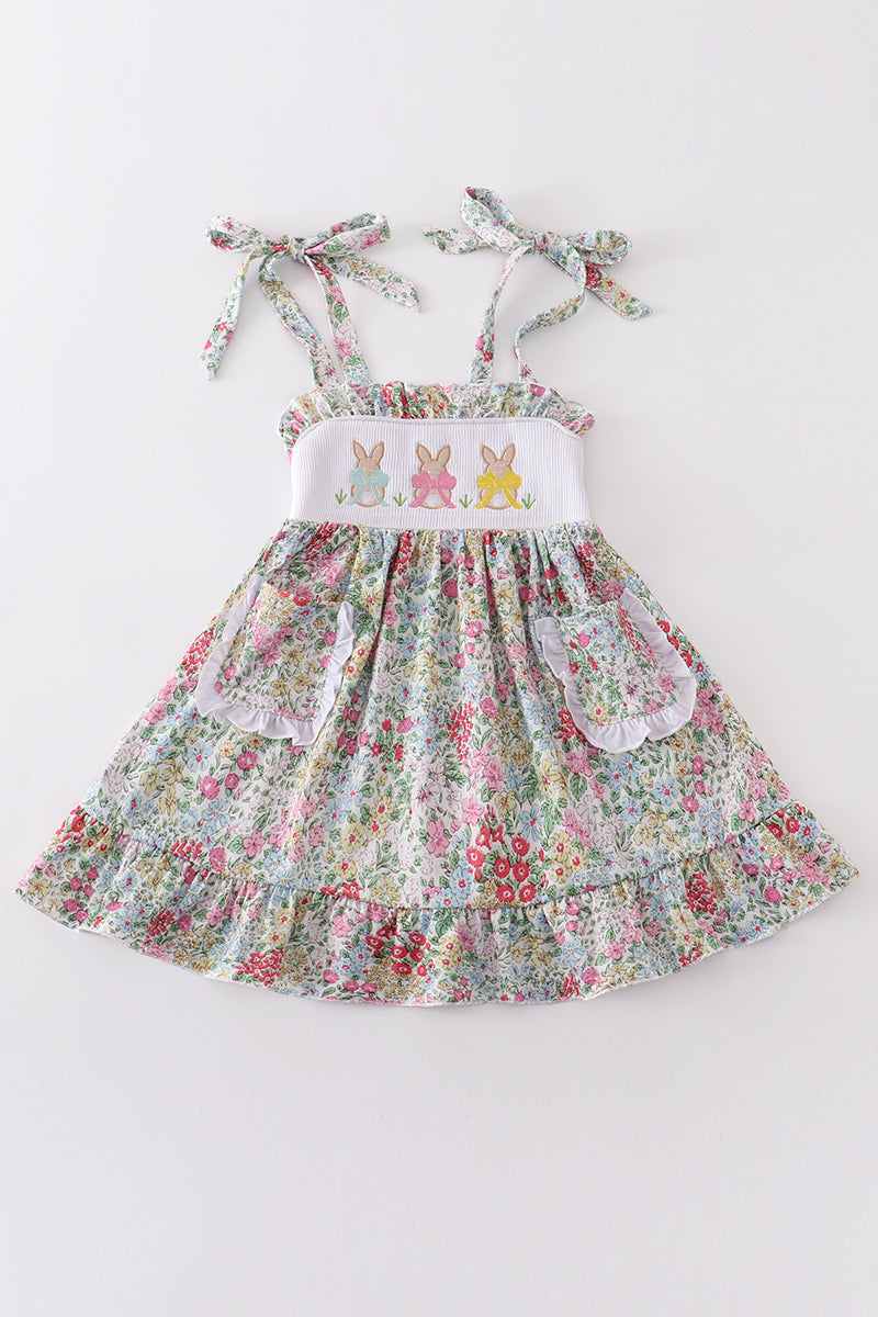 Floral print bunny embroidery smocked girl dress