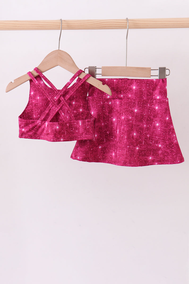 Wine red glitter skort set