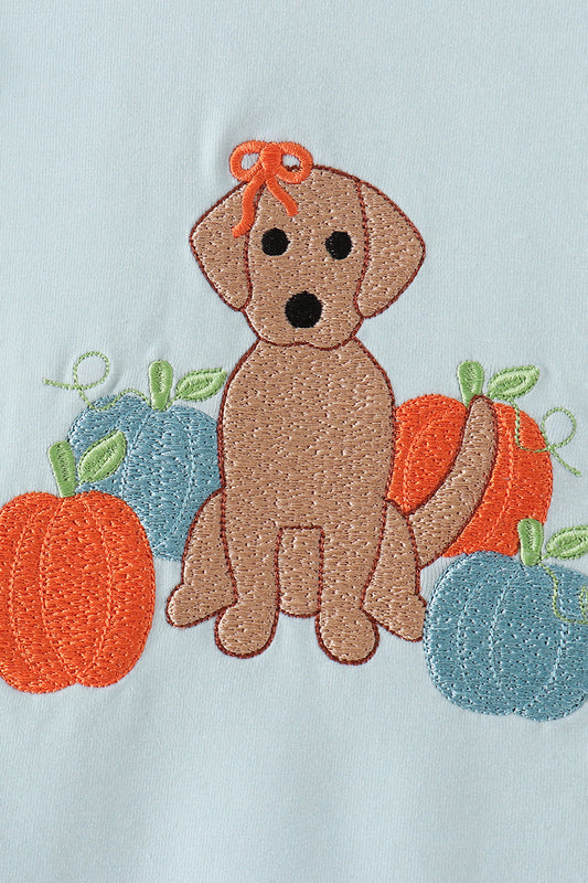Blue Puppy Pumpkin Embroidery Gingham Ruffle Dress