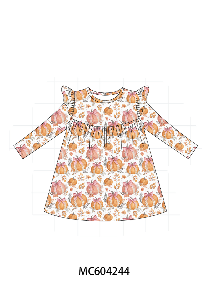 Orange Pumpkin Print Ruffle Dress