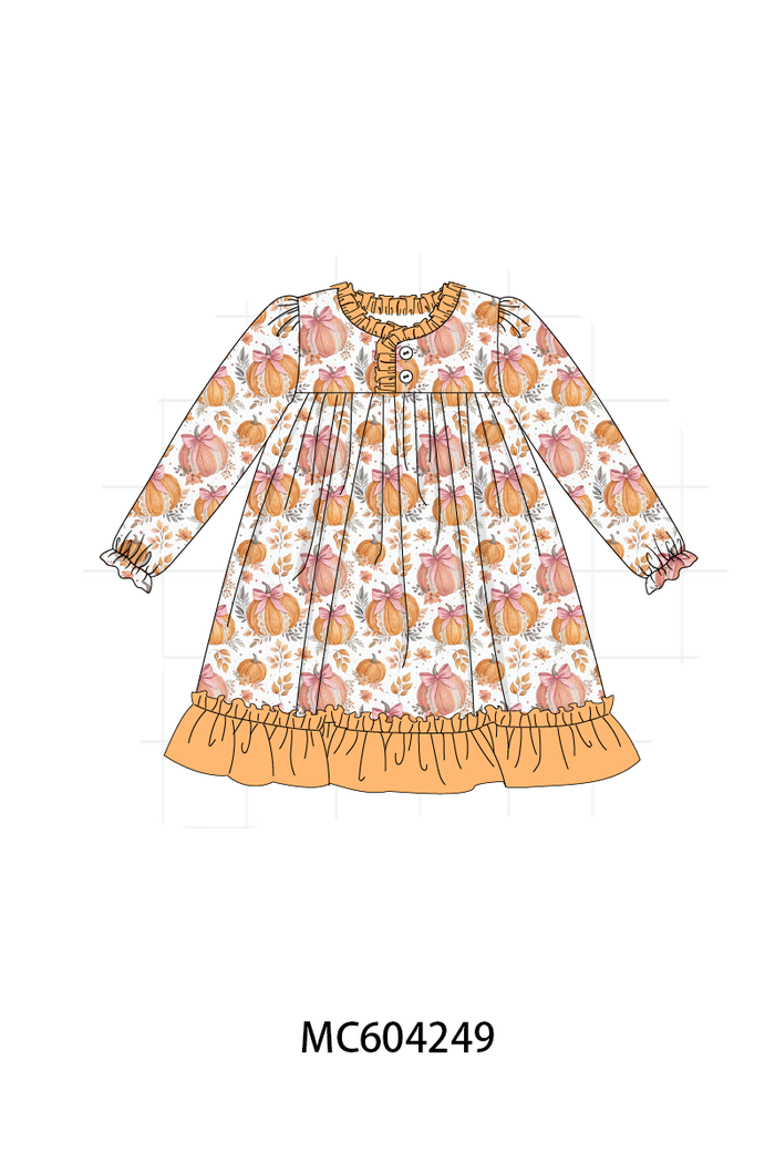 Orange Pumpkin Print Ruffle Dress