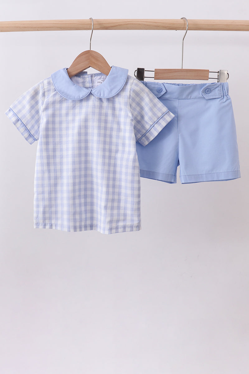 Blue plaid peter pan collar shorts set