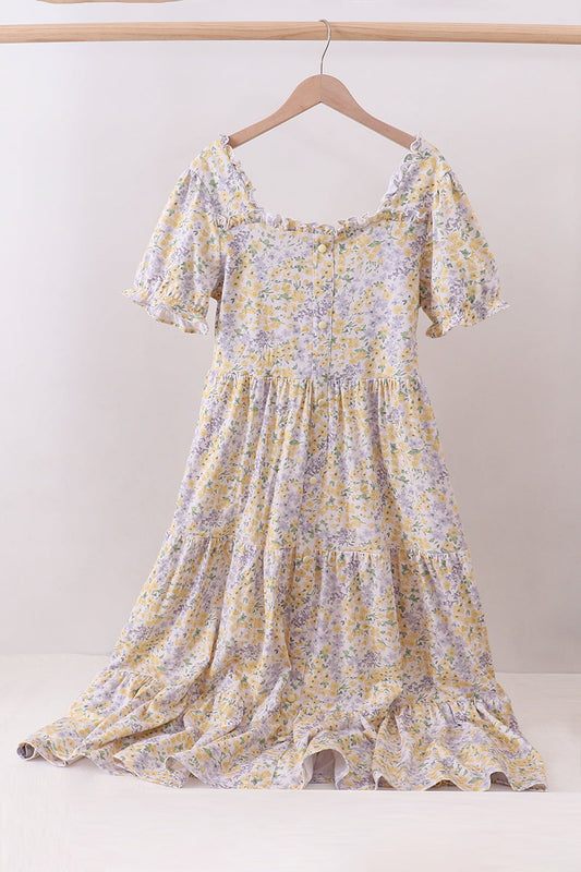 Floral print puff sleeve tiered dress