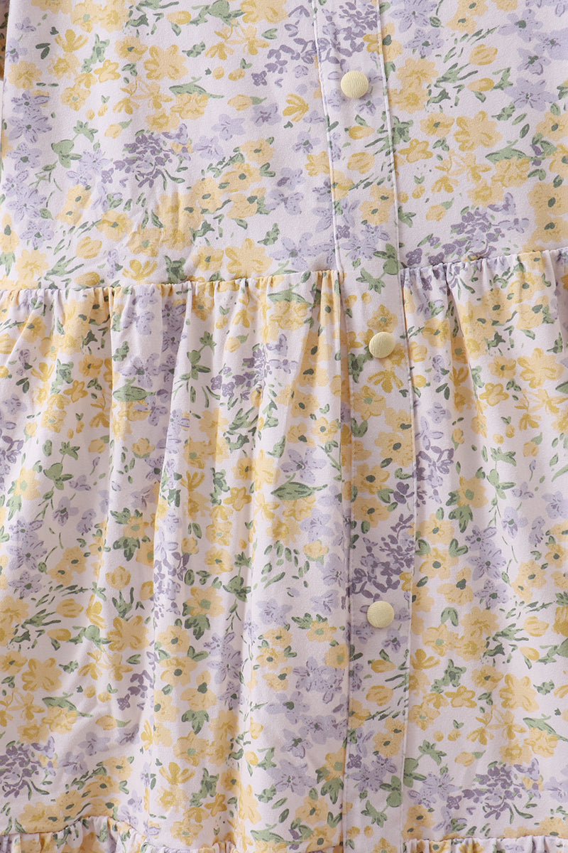 Floral print puff sleeve tiered dress