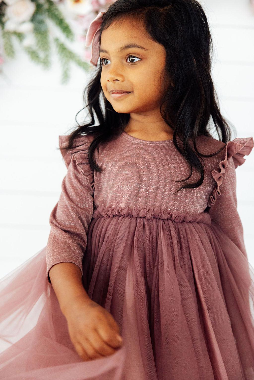 Mauve Shimmer 3/4 Sleeve Tutu Dress