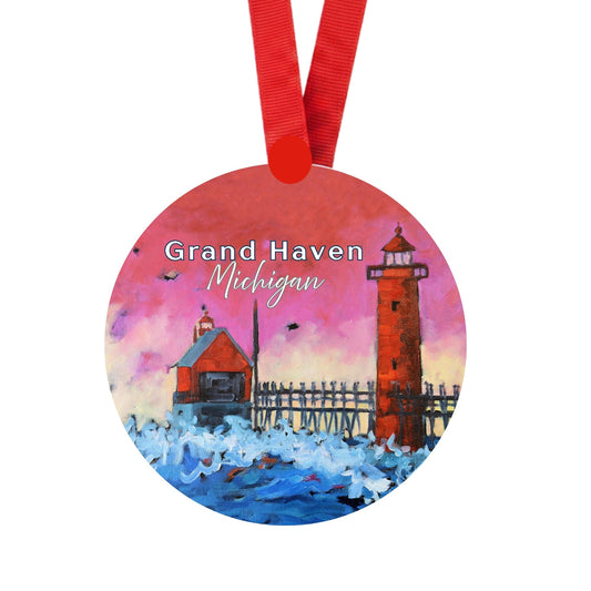 Grand Haven Lighthouse Pink Sky at Night Ornament | 4" Round Michigan Christmas Ornament