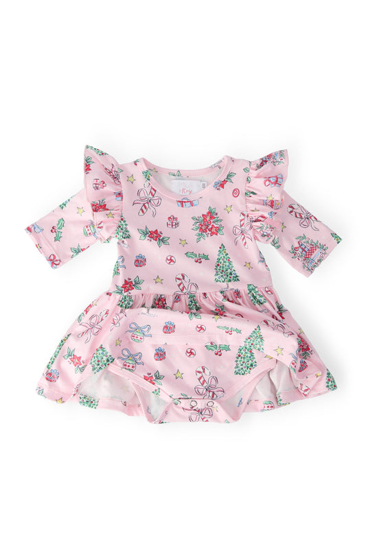 Pink Christmas 3/4 Sleeve Twirl Flutter Bodysuit