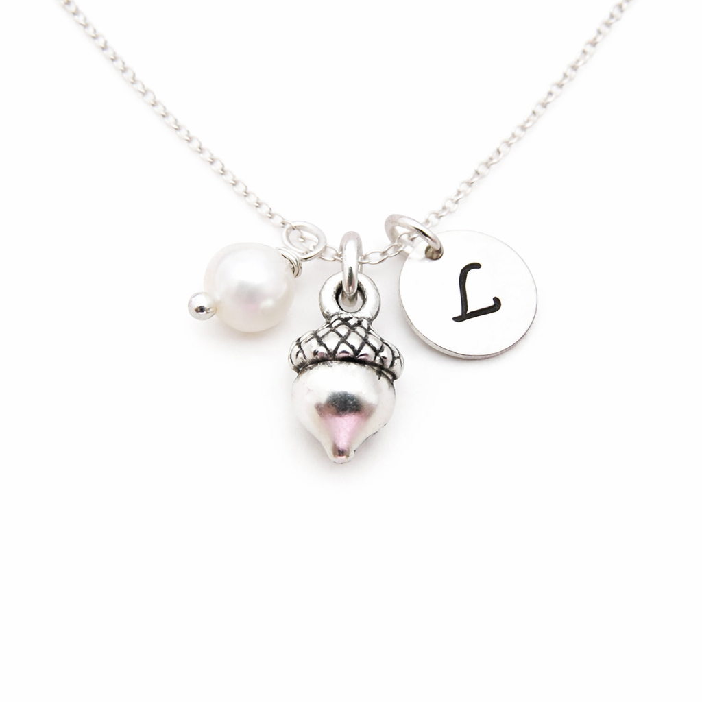 Tiny Acorn Necklace – Sterling Silver with Birthstone & Initial Charm