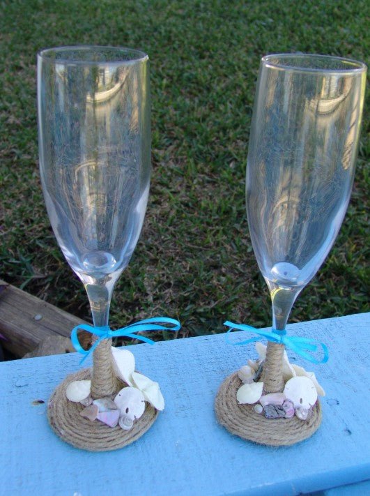 Beach Wedding Toasting Champagne Glasses Keepsake Flutes Rustic Twine and Real Heart Seashells Mini Sand Dollars Starfish Aqua Limpet Shells