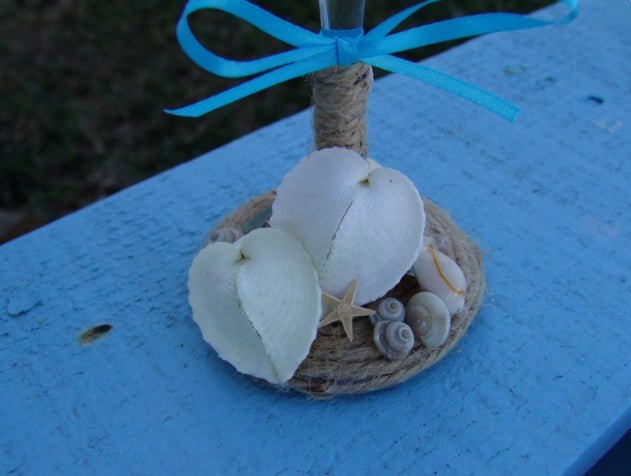 Beach Wedding Toasting Champagne Glasses Keepsake Flutes Rustic Twine and Real Heart Seashells Mini Sand Dollars Starfish Aqua Limpet Shells