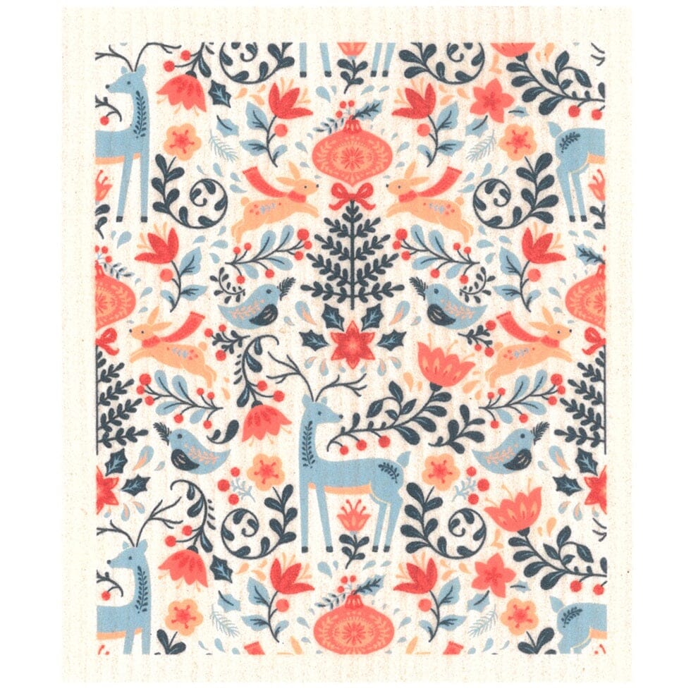 Blue Reindeer in Flowers Swedish dishcloth | Christmas & Winter