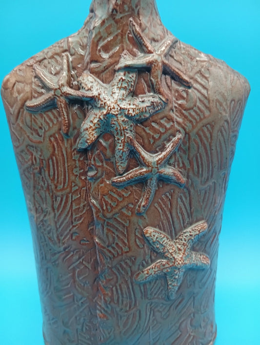 Ceramic Coastal Bottle Vase – Handcrafted Starfish Decor Rustic 10"