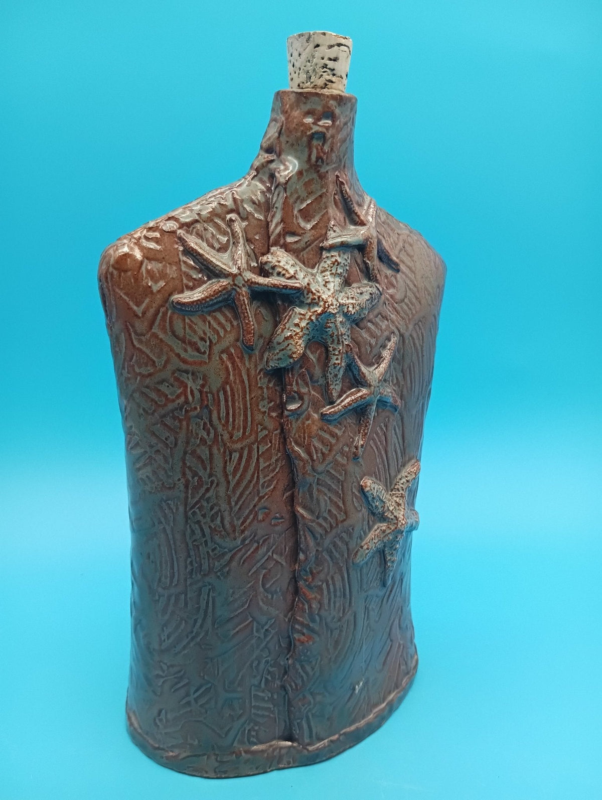 Ceramic Coastal Bottle Vase – Handcrafted Starfish Decor Rustic 10"