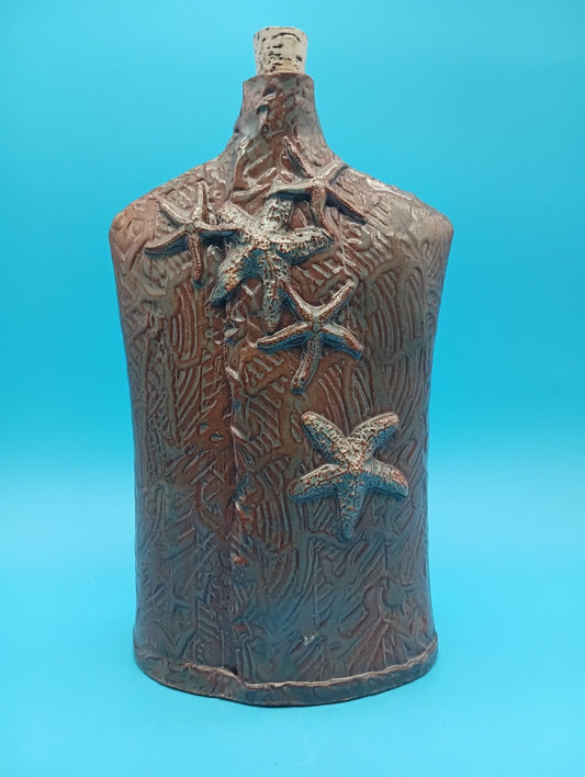 Ceramic Coastal Bottle Vase – Handcrafted Starfish Decor Rustic 10"