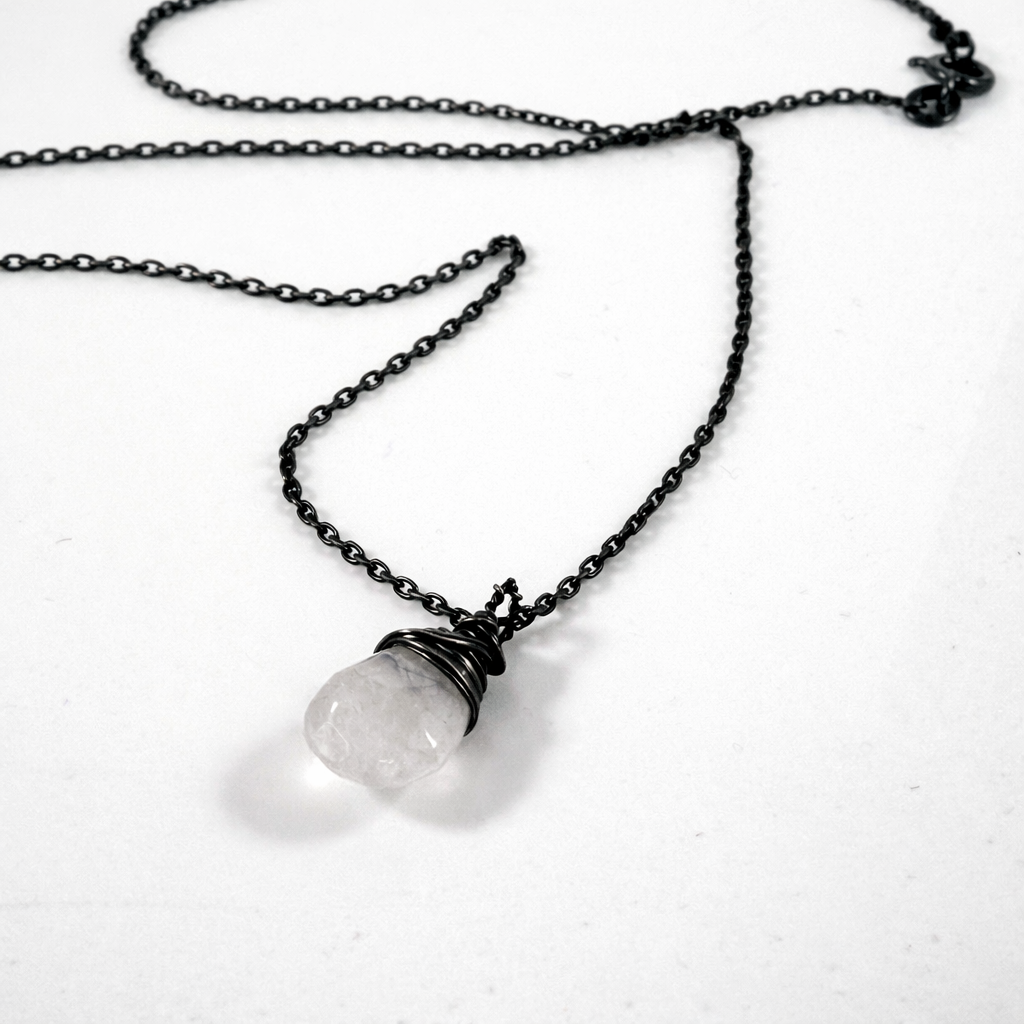 Clear Quartz Wire Wrapped Necklace – Oxidized Sterling Silver – Faceted Quartz Pendant – 18" Chain
