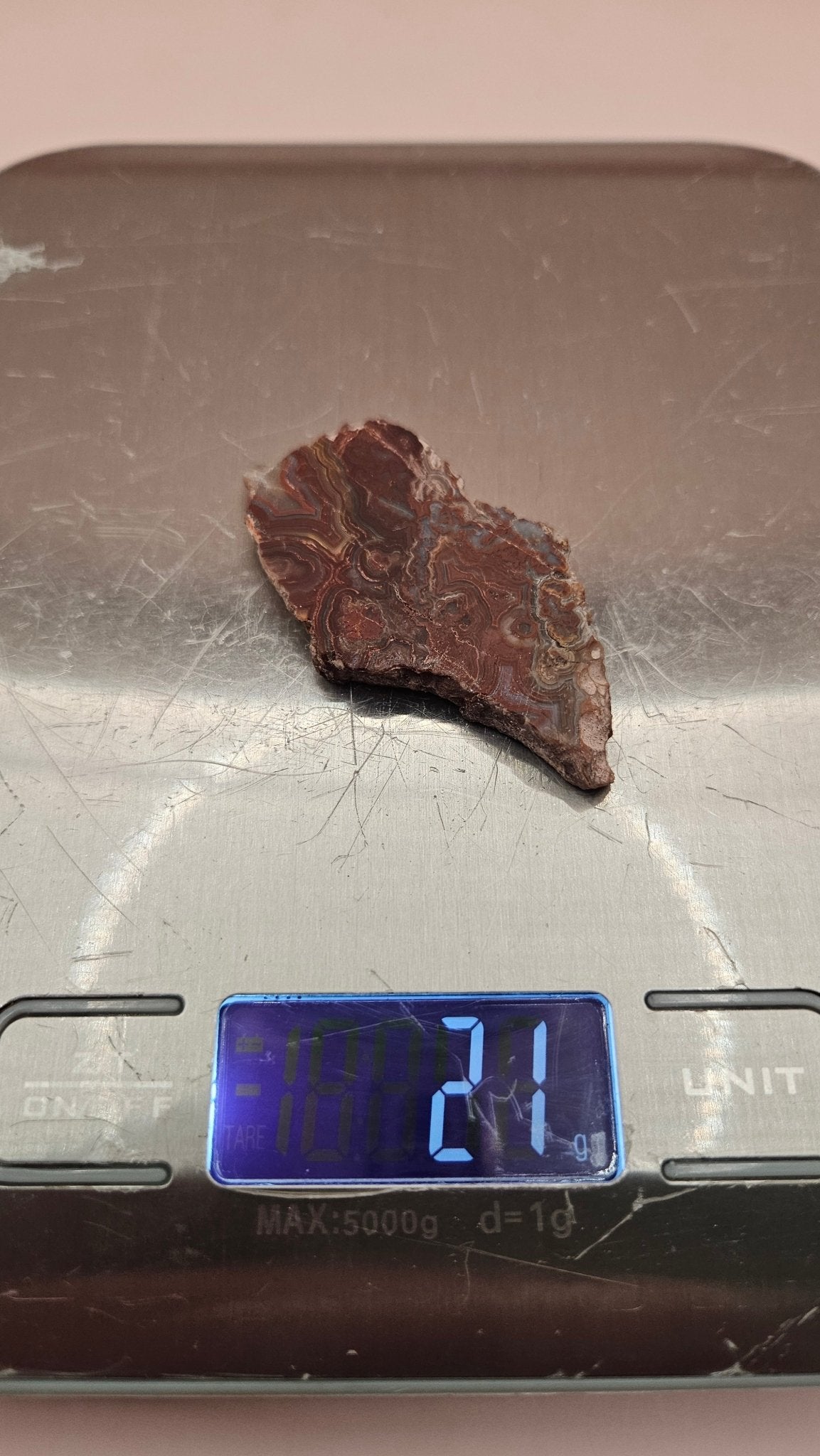 Crazy Lace Agate Slab – Polished Swirling Red & Gray Banded Stone from Mexico – 21g Display or Lapidary Specimen